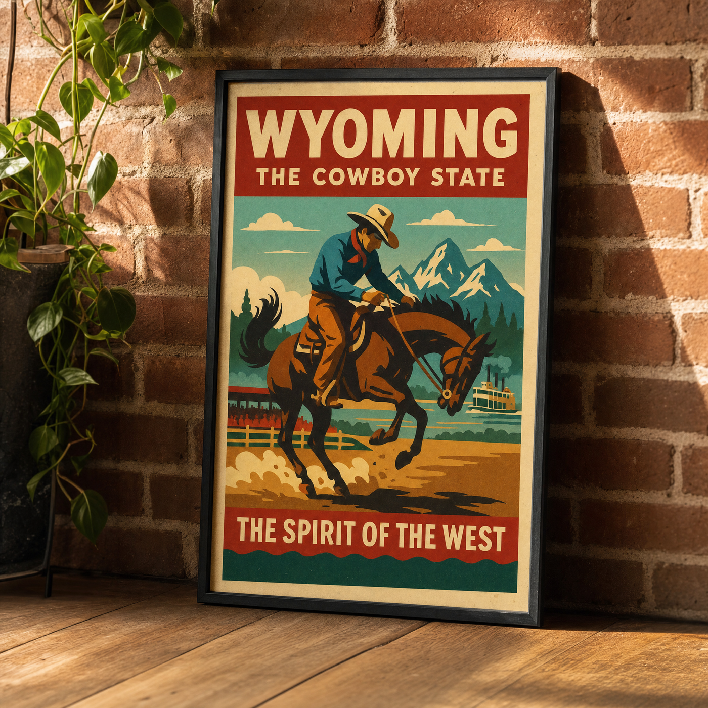 Wyoming travel-poster print leaning against an exposed brick wall in a black frame.