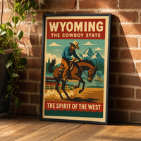 Wyoming travel-poster print leaning against an exposed brick wall in a black frame.