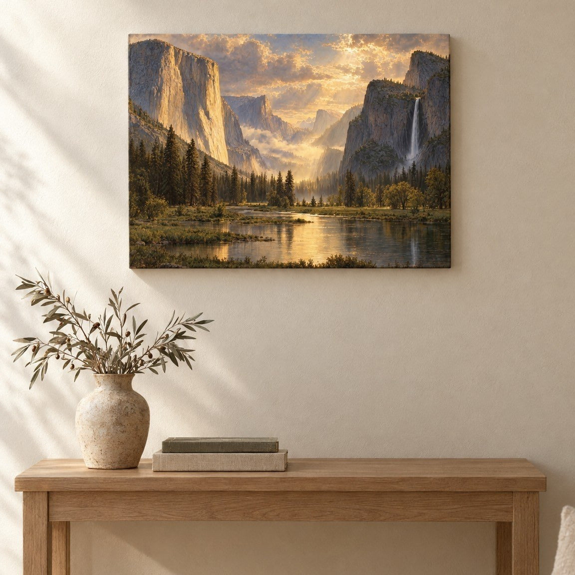 Yosemite Valley in Golden Light canvas above a wooden console table